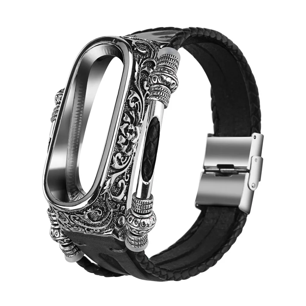 

Retro Leather Smart Watch Wristband Strap With Classic Metal Dial Protection Case and Buckle For Xiaomi Mi Band 4 Bracelet