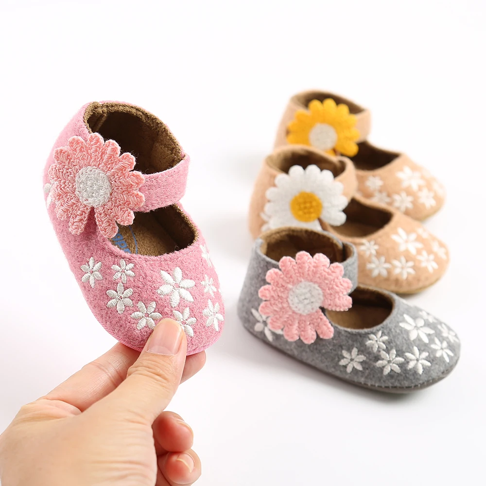 Baby Girls Mary Jane Flats Soft Sole Infant Slippers Embroidery Princess Dress Shoes with Sunflower |