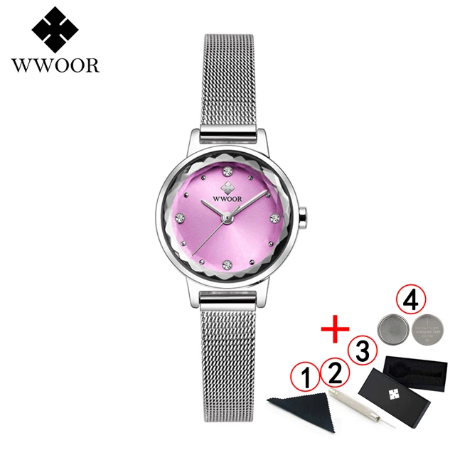 Reloj WWOOR Mujer женские часы Известные Роскошные бренды браслет из нержавеющей стали часы для женщин кварцевые женские часы - Цвет: silver pink box
