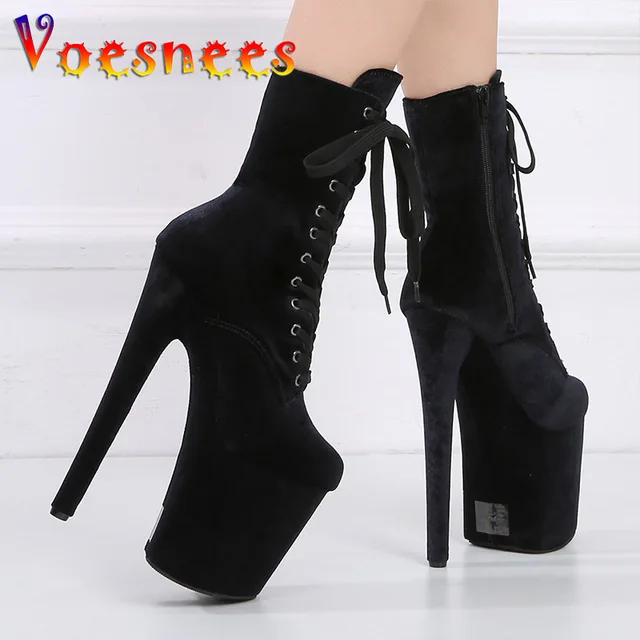 Autumn And Winter New Women Flock Ankle Boots Black Stiletto Side Zipper Mid-Tube Boots High Platform Models Stage Show Shoes 5
