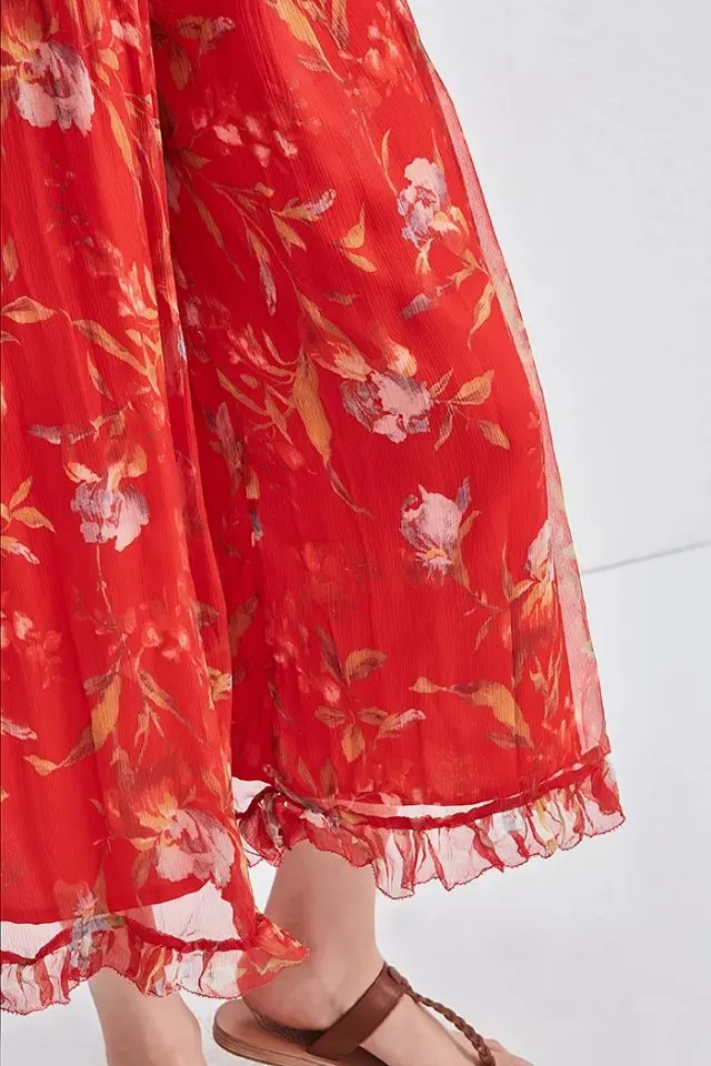 Women Silk Red Floral Printed Ruffled Jumpsuit- Ladies Top Quality Playsuit