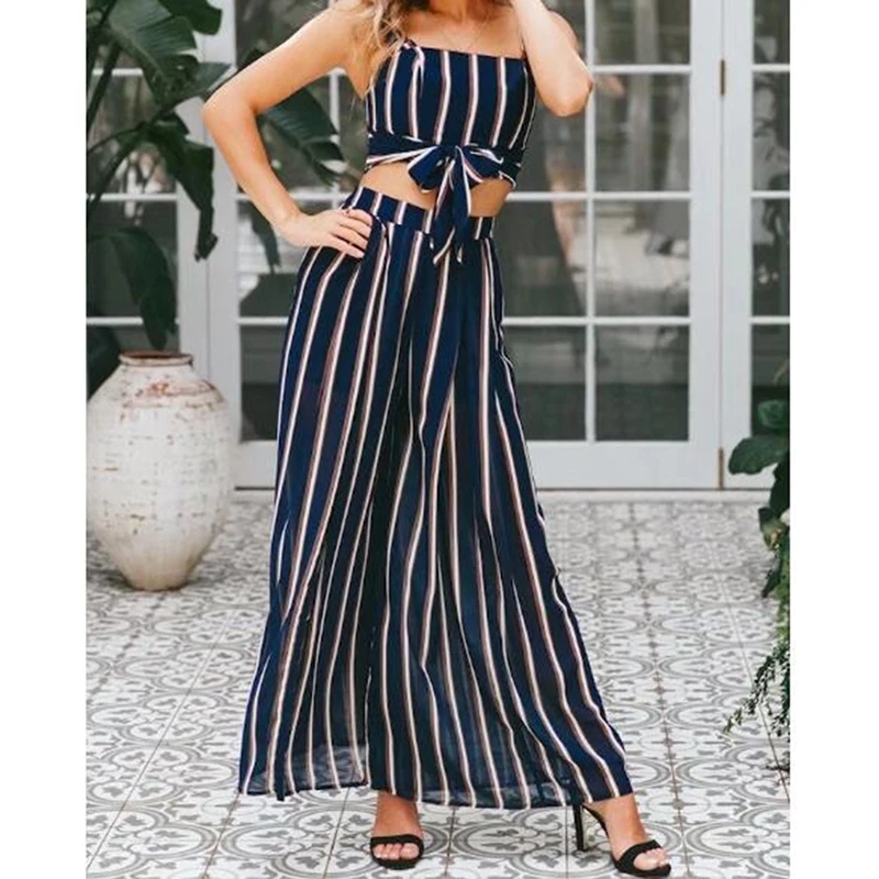 Элегантные комплекты женские сексуальные топы в полоску без рукавов + длинные