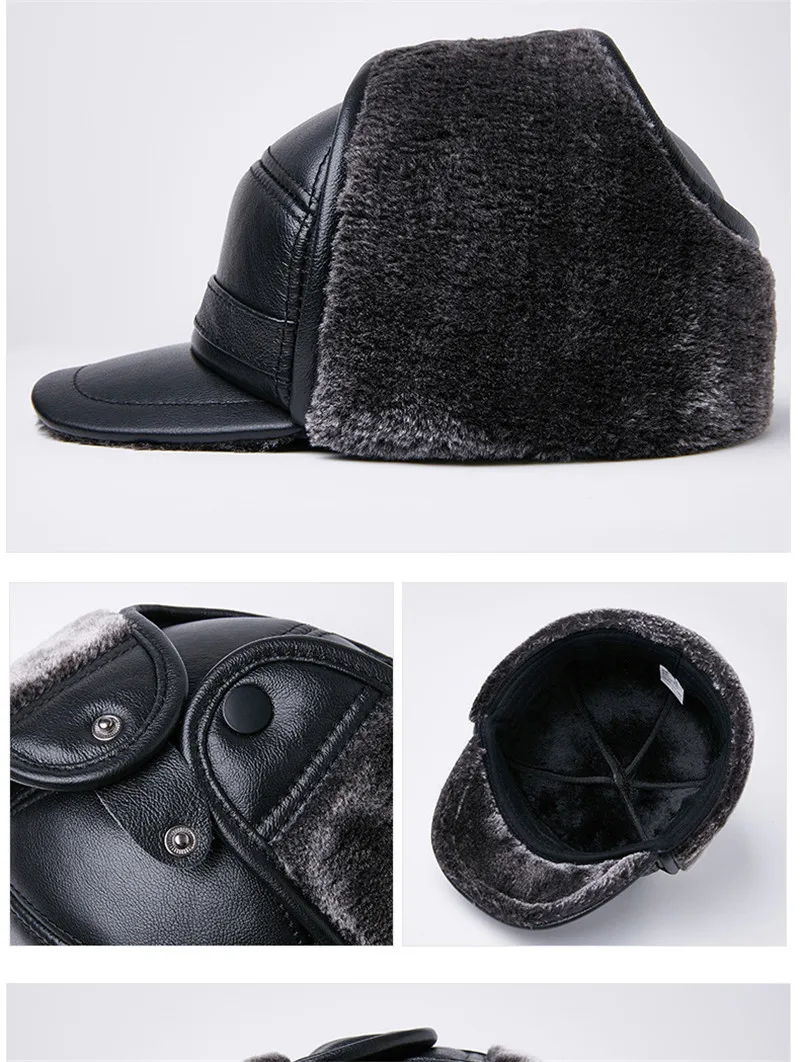 GREENYU Brand Genuine Leather Bomber Hat Men's Thick Warm Outdoor Earmuffs First Layer Cowhide Leather Hat Fur Hats For Man