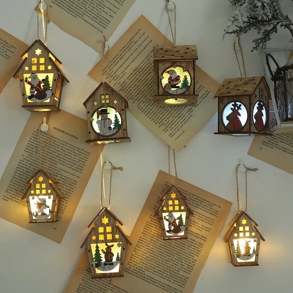 

2020 NEW YEAR LED Light Chalet Christmas Ornament Cute Wooden Pendant Room Decoration Wall For House Festival Scene Layout