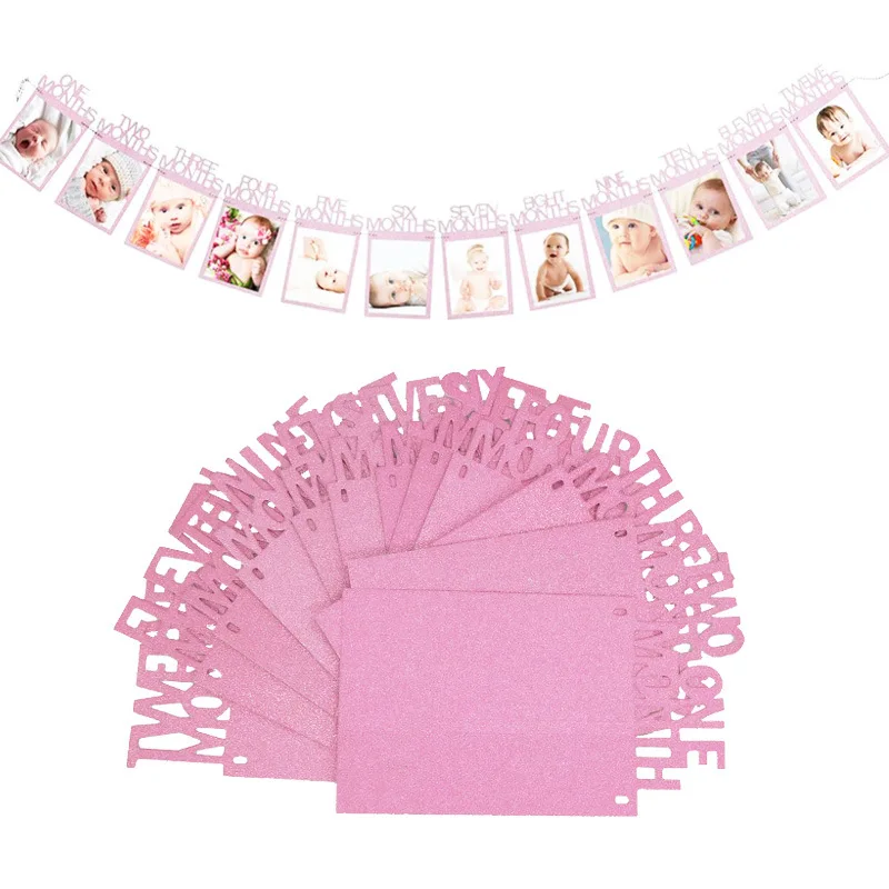 

12 Months Photo Frame Banner First Happy Birthday Decorations Baby Shower 1st Baby Boy Girl Photo Frame Party Supplies Gold Pink
