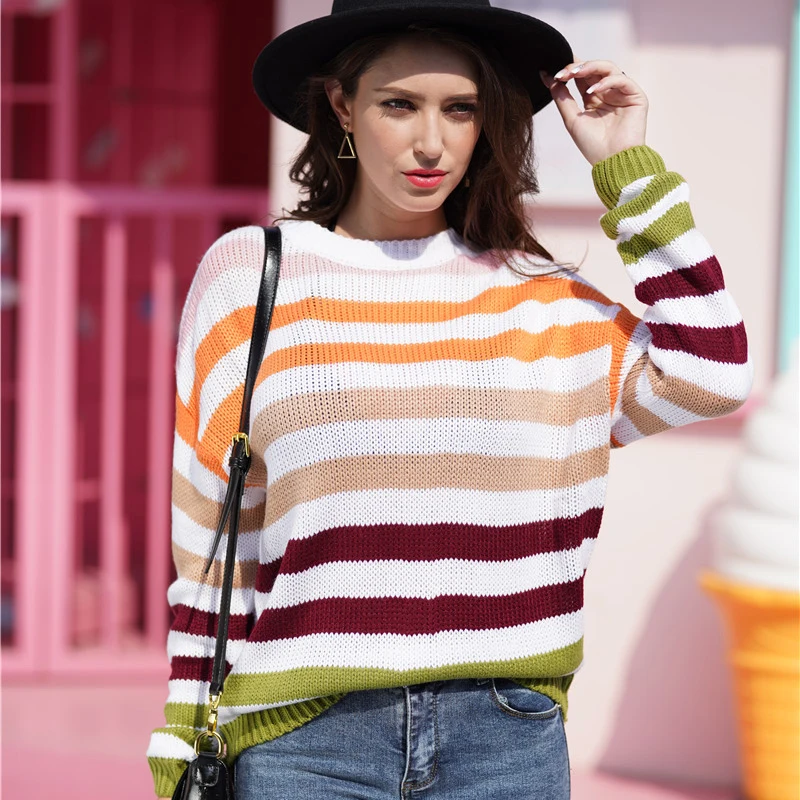 Женские свитера в полоску; коллекция года; сезон весна; цвет радуги; вязаный свитер для девочек с круглым вырезом и рукавами; свободный женский свитер больших размеров - Цвет: Зеленый