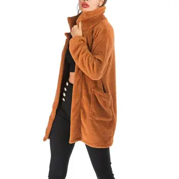

Streetwear Teddy Bear Long Coat Solid Women Winter Plus Size Lapel Jacket Coat Plush Loose Pockets Casual Outerwear