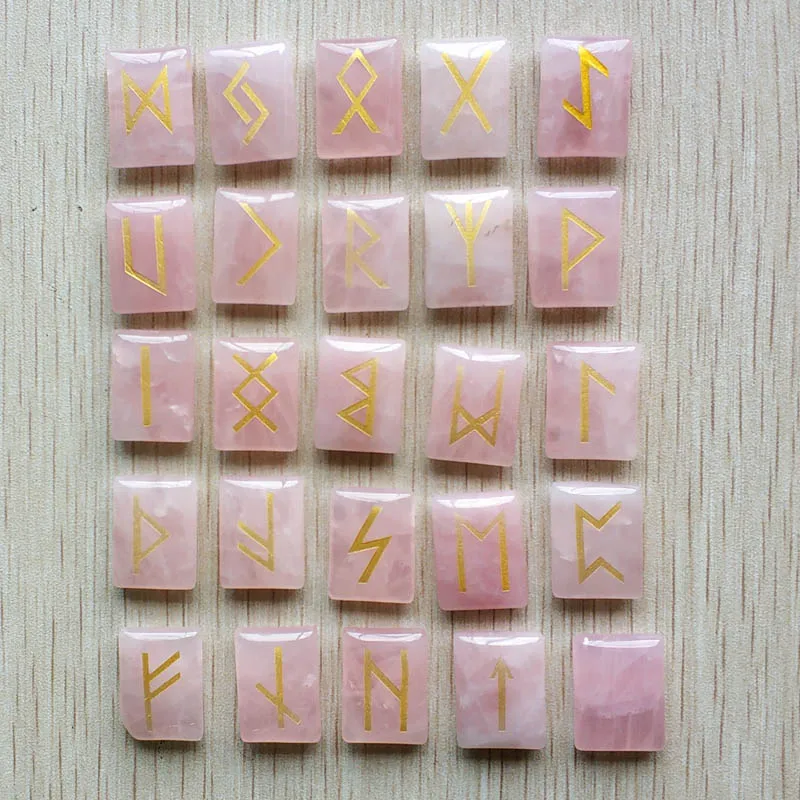 

Wholesale 25pcs/lot Natural Stone pink Viking Runes Amulet Set Reiki Healing Crystals Divination Tumbled rectangle Stones