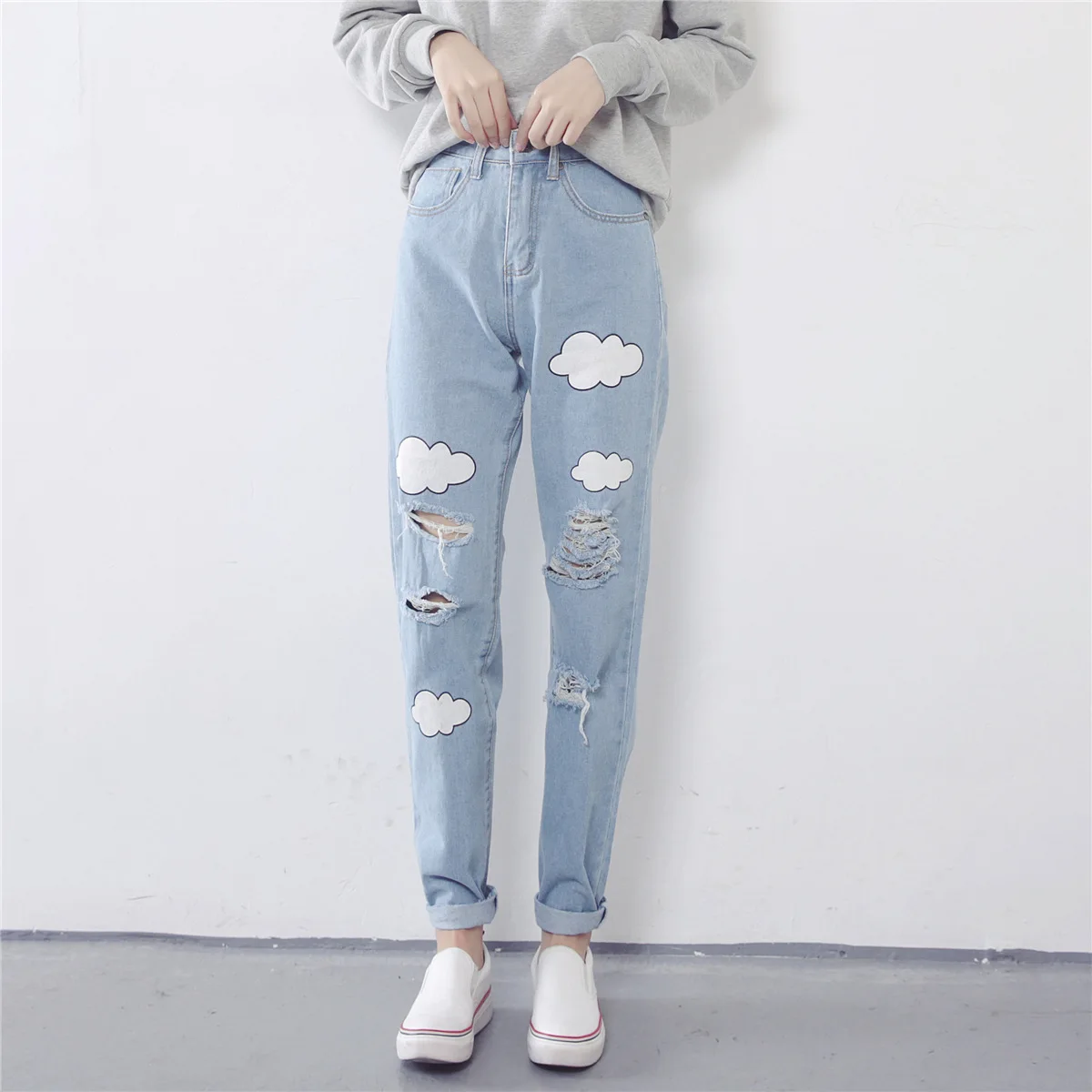Autumn Clothing New Style Korean-style Washing with Holes Printed Jeans High-waisted Slimming Harem Pants Women's Net Price