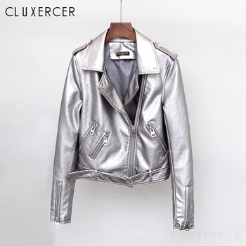 

Autumn Winter Women Faux Soft Leather Jackets Ladies PU Silver Black Pink Zippers Coats Motorcycle Outerwear