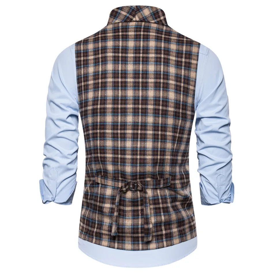Vintage Suit Vest Men Casual Slim Fit Black Herringbone Vests Double Breasted V Neck Business Gilet Homme Chalecos Para Hombre