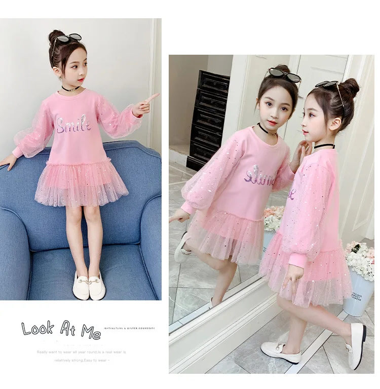 Boutique Kid Clothing 2020 Spring Little Girls School Dress Cotton O neck Sweater Dress Pink Long Sleeve Letter Dresses for Teen (8)