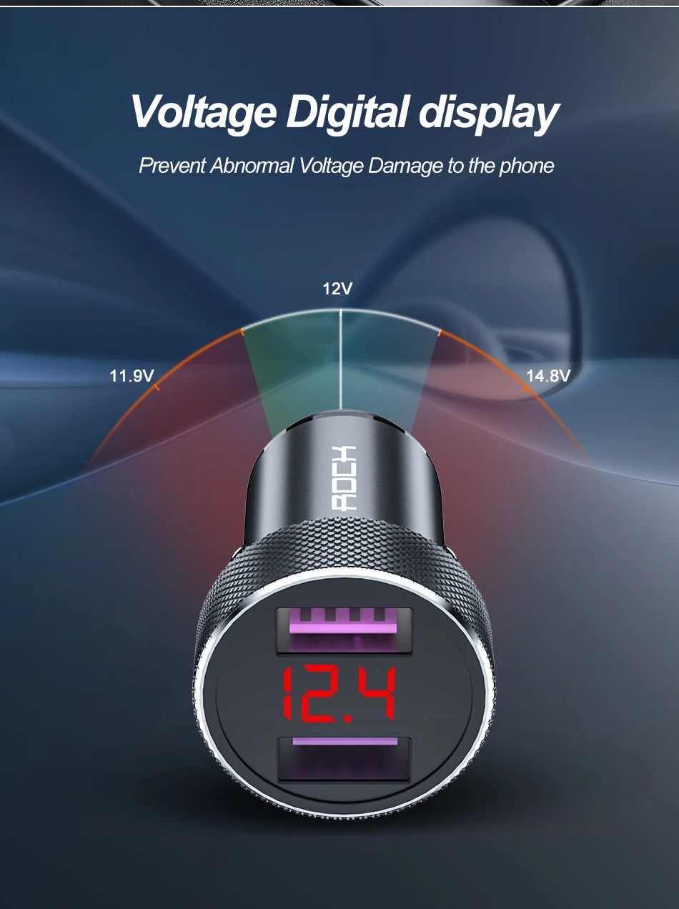 ROCK Digital LED Voltage Display Car Charger For Mobile Phone QC 3.0 Quick Charge Fast Dual USB Metal Charger For iPhone Samsung