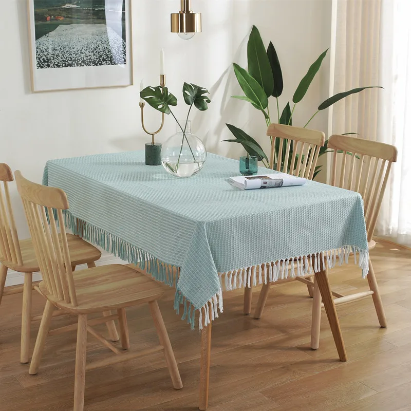 

Simanfei Linen Tablecloth Solid Plaid Tassel Blue Wedding Hotel Table Cloth Rectangle Dining Decorative Coffee Table Cover