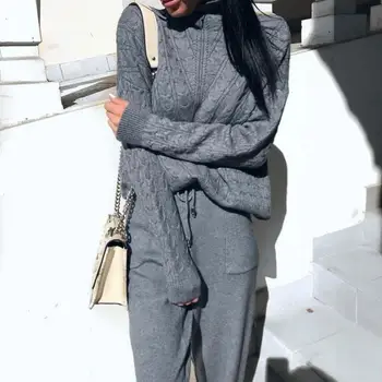 

Fall And Winter Knitted Tracksuit Women Sets Turtleneck Pullover Sweater And Knit Long Pants Sets Female Sweater Suit