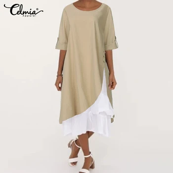 

2020 Celmia 5XL Fashion Asymmetrical Party Dress Women Vintage Linen Sundress Split Casual Solid Long Sleeve Vestido Plus Size 7