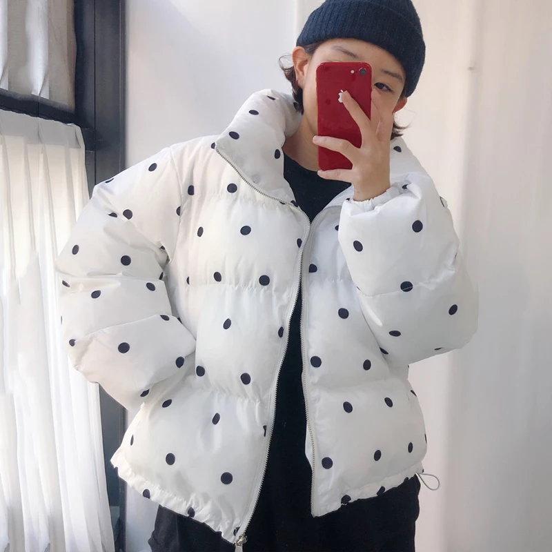 Парка женская зимняя хлопковая в горошек на молнии с подкладкой толстая теплая