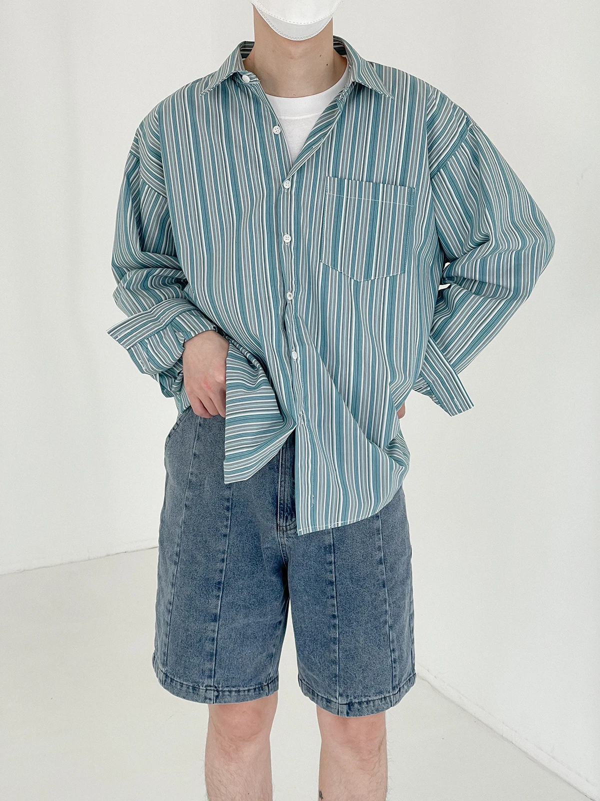 

Striped shirt men's long-sleeved spring and autumn jacket loose wild lapel shirt Korean style ins lazy wind