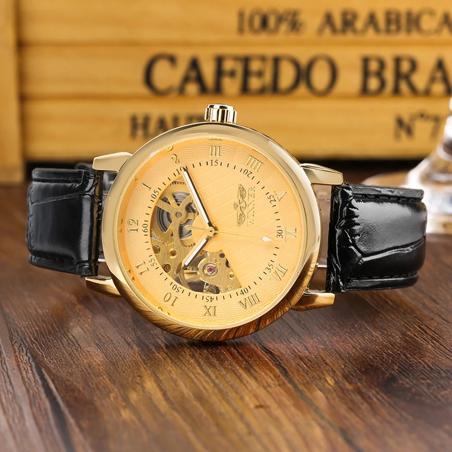 WINNER Top Brand Men's Fashion Tourbillon Moon Phase Semicircle Skeleton Leather Band Automatic Mechanical Men Gold Wrist Watch 2019 2020 2021 2022 (7)