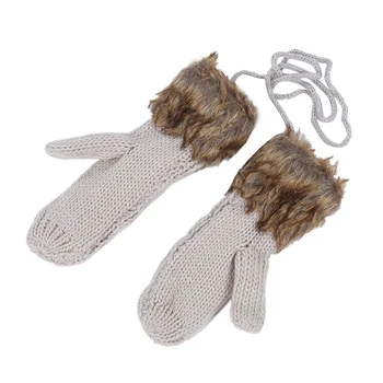 

Warm Ladies Rag Wool Winter Snow Mittens Knitted Fleece Lined Fur Gloves-Gray