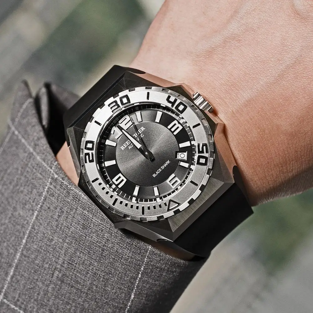 Reef Tiger/RT Big Sport Watches Black Dial Steel Case Automatic Watches Waterproof With Rubber Strap Relogio Masculin RGA6903