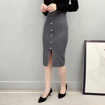 

Fashion Wild Solid Color Button Slit Bodycon Skirt Slim Casual High Waist Knee-length Skirt For Women W1
