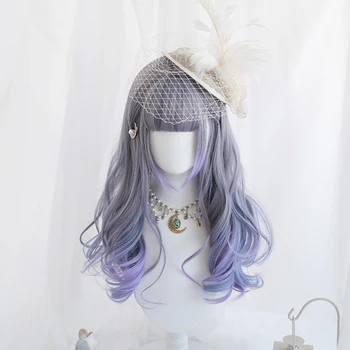 

Daily Harajuku Style Popular Lolita Cosplay Wigs High-temperature Fiber Synthetic Hair Gray Purpple Curly Hair+ free wig net