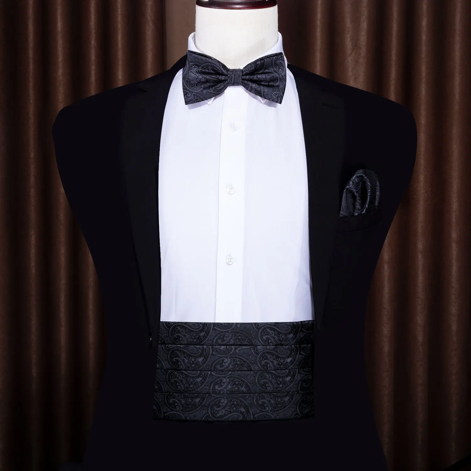 For Men Black Paisley Bow Tie Silk Floral Bowtie Cummerbund Set Pocket Square Cufflinks Formal for Tuxedo Suit Barry.WangYY-1002