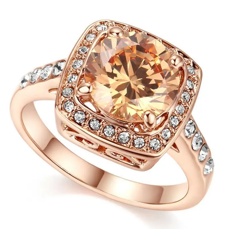 Crystal Square Champagne Cubic Zirconia Crystal Rose Gold Filled Rings For Women Bride Engagement Wedding Party Ring