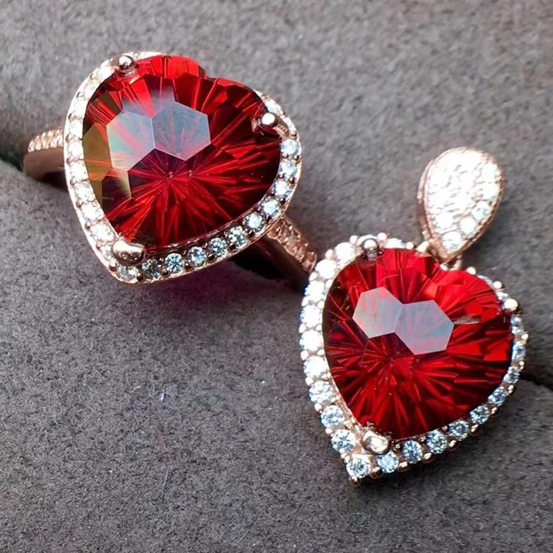 Привлекательный красный Топаз драгоценный камень кольцо ожерелье ювелирный набор для женщин хорошее ювелирное изделие натуральный драгоценный камень серебро 925 пробы сердце любовь подарок