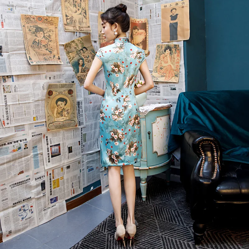 Sheng Coco женское синее шелковое атласное платье Cheongsam короткое платье для отдыха розовое китайское платье до колена с цветочным принтом элегантные платья