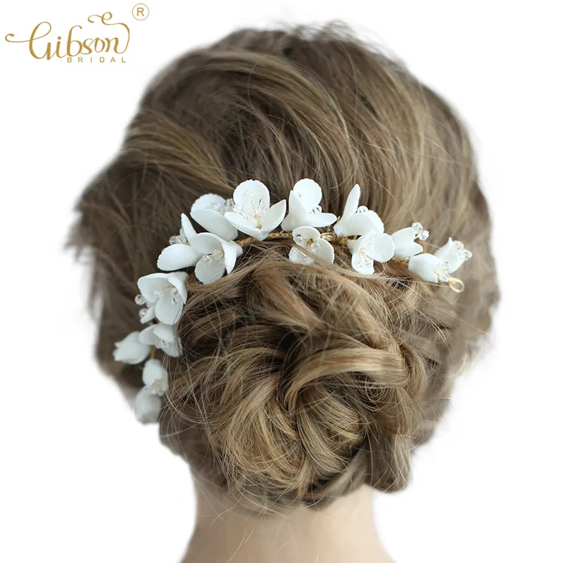 Gibson Свадебные Элегантные аксессуары для волос белый керамический цветок гребень для волос шпильки Серьги Свадебная вечеринка головной убор ювелирные изделия