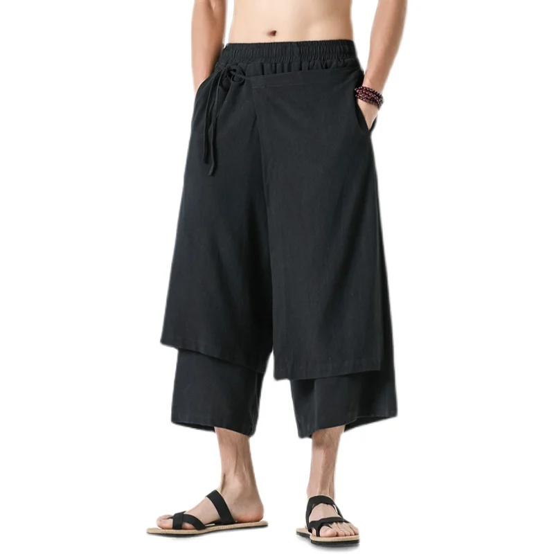 Men Casual Wide Leg Pants Mens Irregular Cotton Linen Harem Pants Male Solid Vintage Skirts Trousers M-5XL