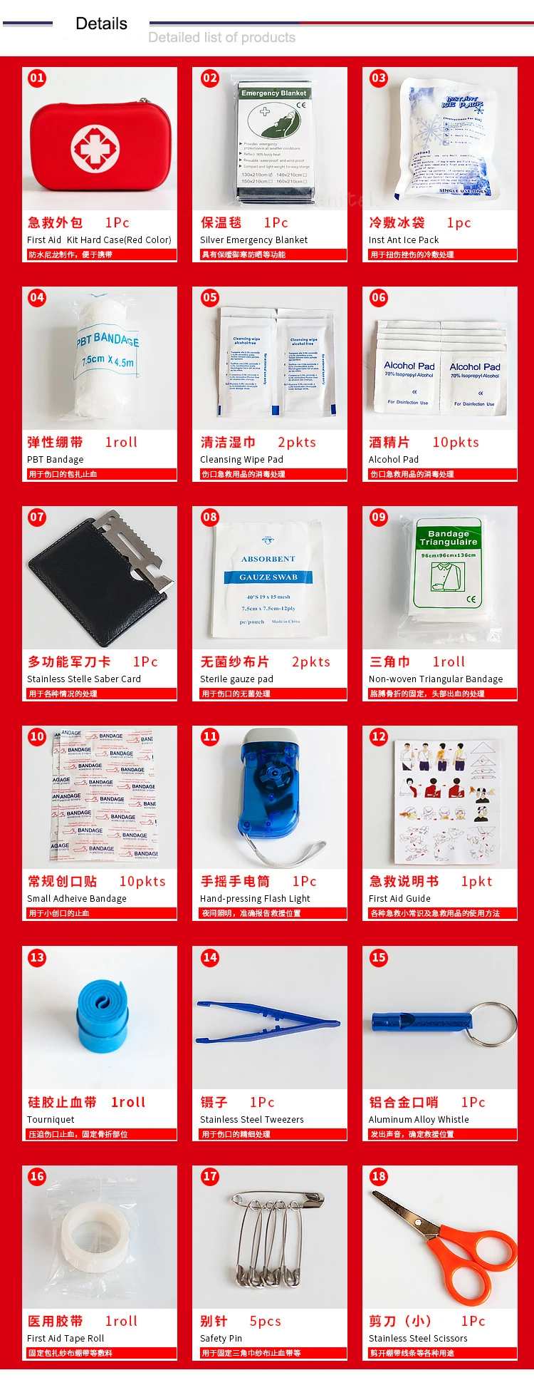 18 Items/44pcs Portable Travel Household Survival Kit Multi-Layer EVA First Aid Kit Outdoor Car Bag Emergency Kit