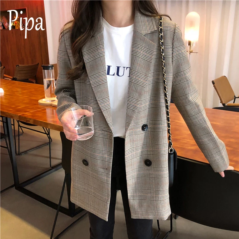 

Pipa Office Ladies Notched Collar Plaid Women Blazer Double Breasted Autumn Jacket 2020 Casual Pockets Female Suits Coat