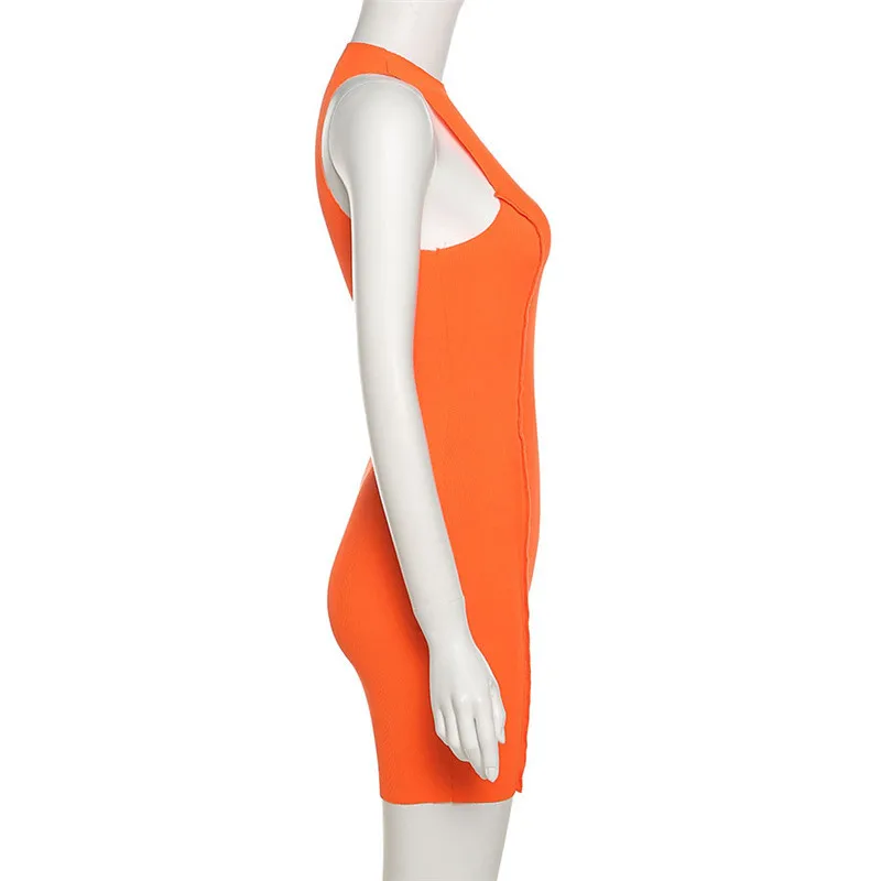 CNYISHE – Mini robe moulante à col rond pour femmes, sans manches, décontractée, à la mode, Orange néon, Streetwear, été
