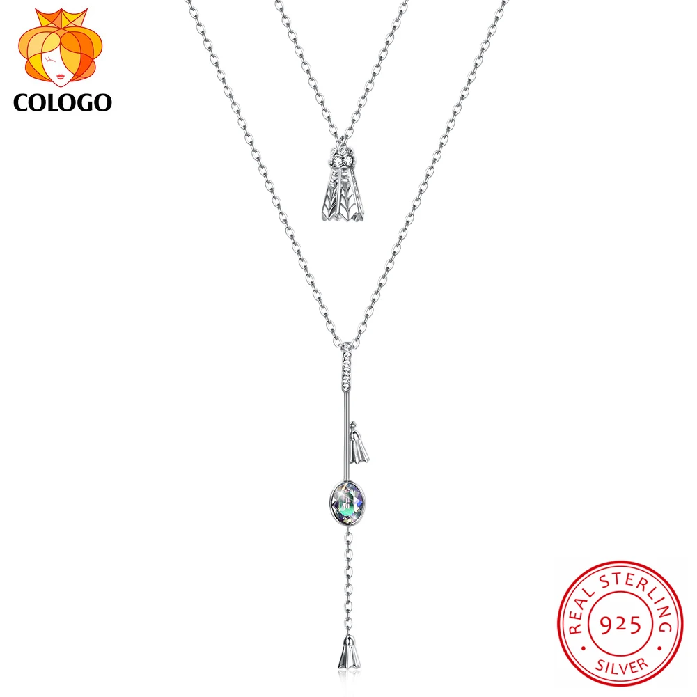 

COLOGO 925 Sterling Silver Dazzling crystal Adjustable Double Chain badminton Pendant Necklace For Women Jewelry Gifts LKN0058