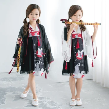

2020 Japanese Traditional Cosplay Costumes Girl Kimono 3PCs Dresses for Kids Girls Bathrobe Yukata Lace Children Crane Kimono