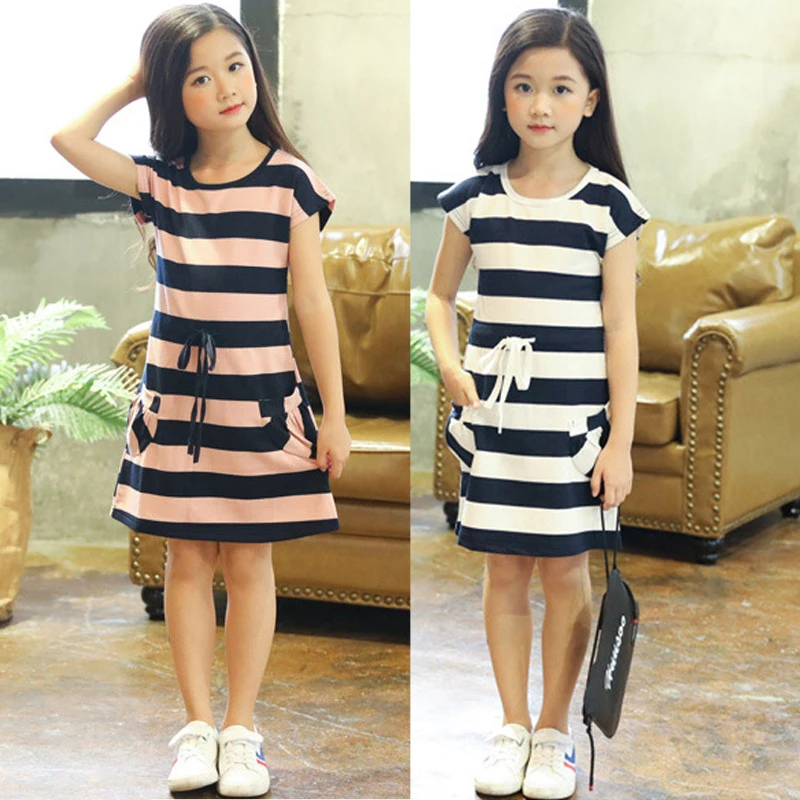 UK Summer Girls Party cotton Striped Dress Tassel Sundress Clothes 4 to 14 Years 