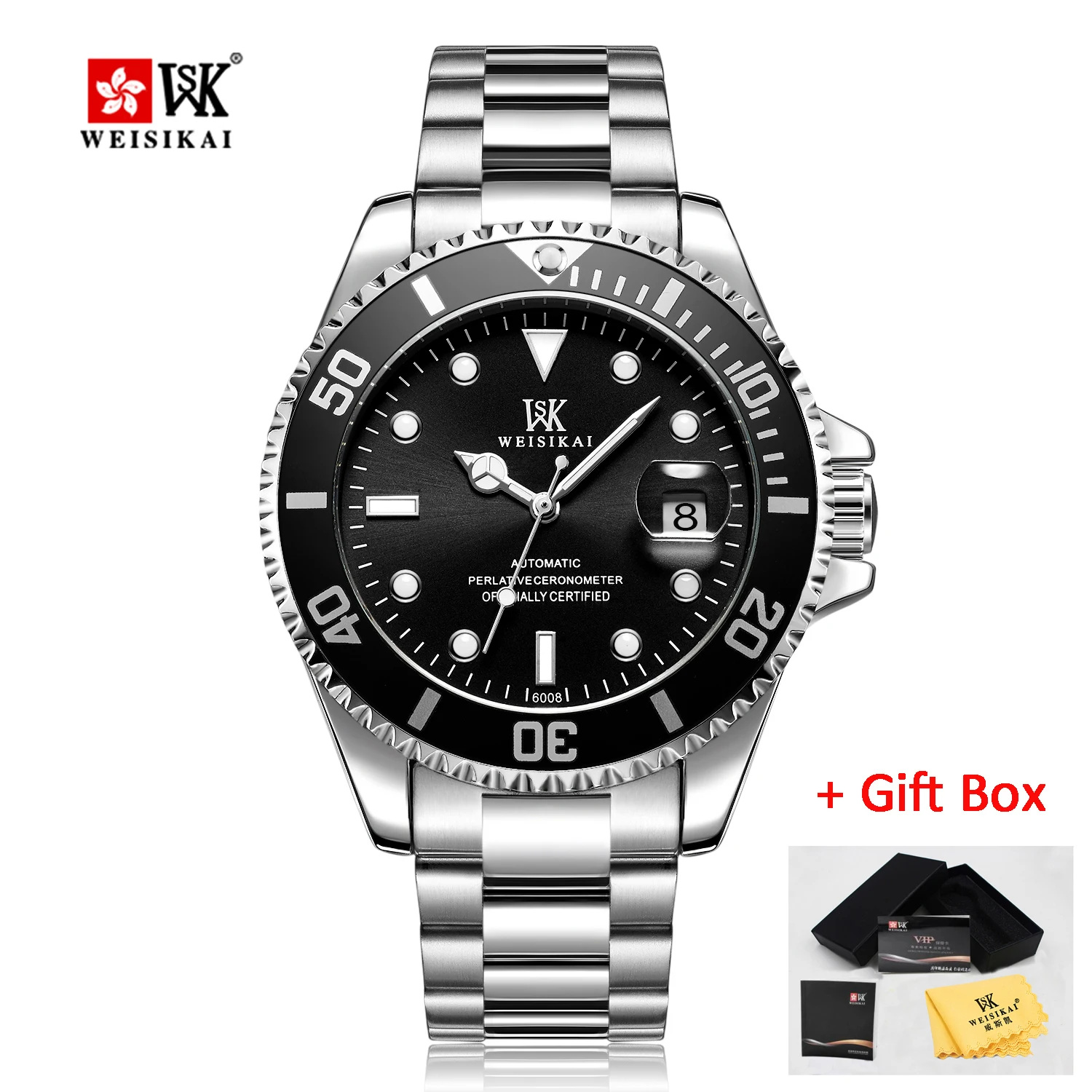 WSK silver black WEISIKAI Мужские автоматические механические часы лучший бренд класса люкс спортивные Diver Мужские часы для дайвинга мужские наручные часы Relogio Masculino - Цвет: WSK silver black