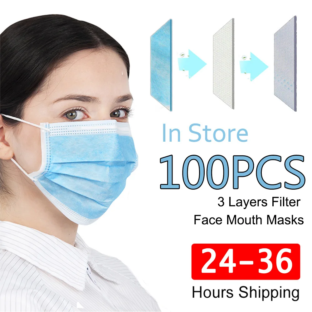 

100PCS Face mouth 3 Layer Mask Protector Dustproof Protection Masks Disposable Masks Filter Safety Mask 16 to 36 Hours shipping