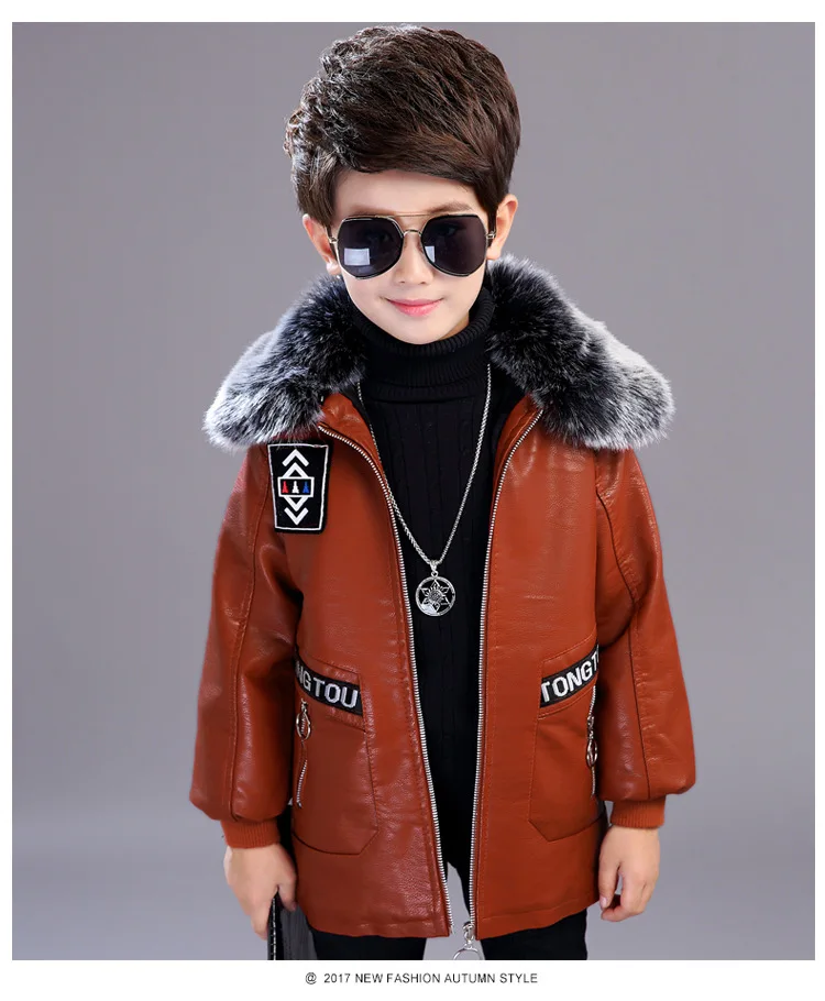 Новые детские кожаные куртки зимние Утепленные кожаные куртки для мальчиков детские длинные бархатные пальто с капюшоном