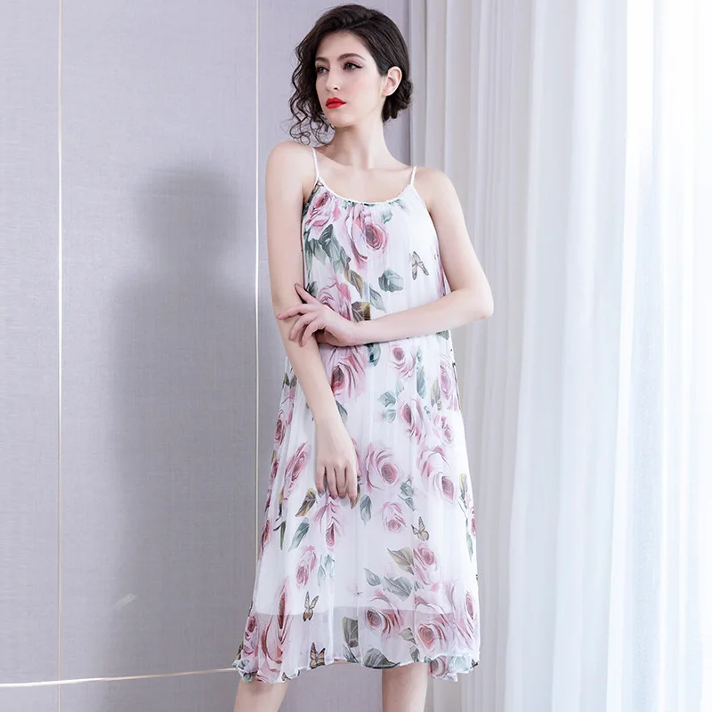 real silk dresses women natural silk high quality girls work boho white floral suspender dress slim plus size free ship