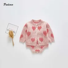 Брендовая одежда для новорожденных на возраст от 0 до 24 месяцев Одежда для мальчиков и девочек, с принтом в виде сердечек, свитер, пальто, кардиган, комплект комбинезон без рукавов, детская одежда