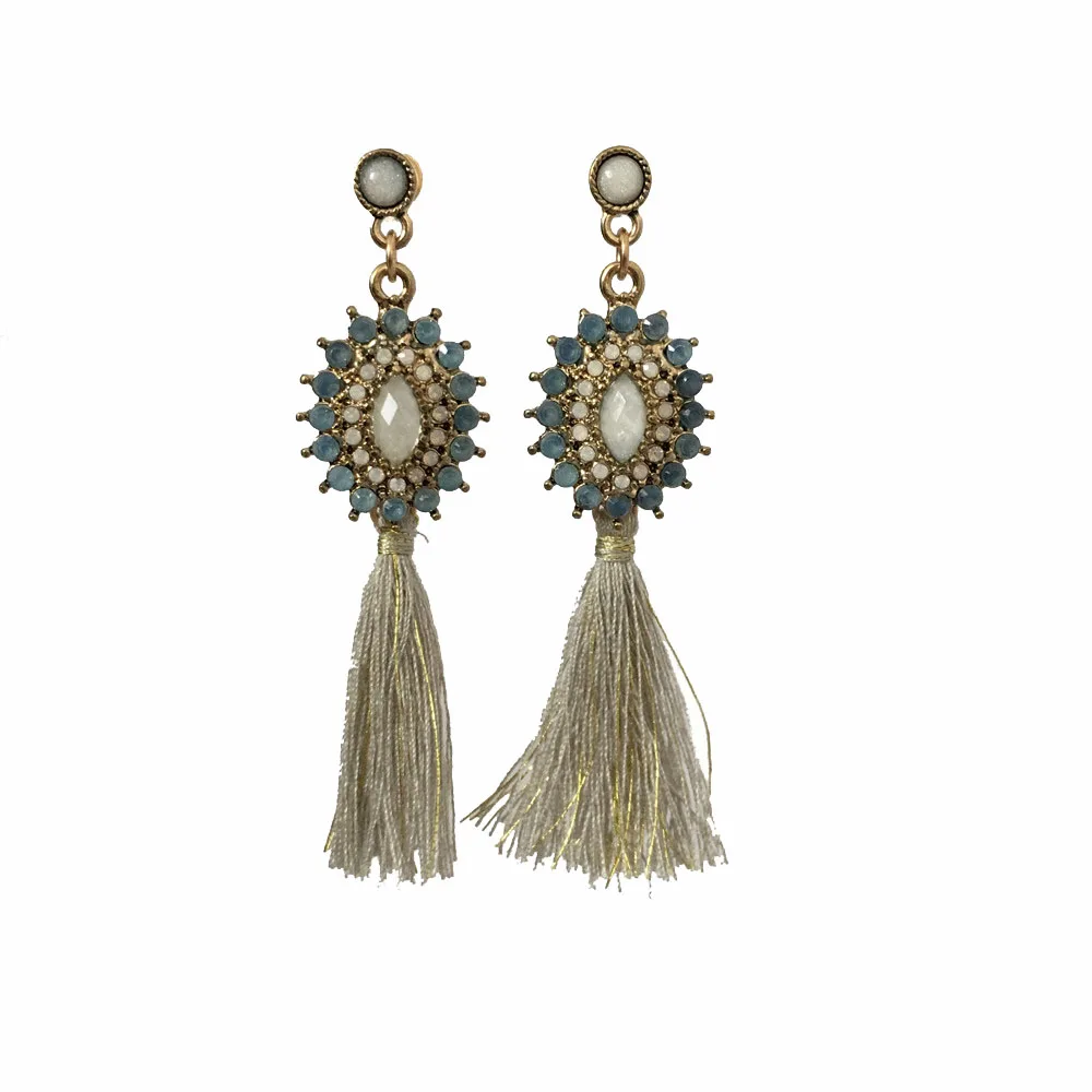 

Trendy oval shape aqua and opal stone setting with thread tassel drop with stud earring for women