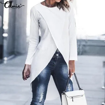 

Top Fashion Women Long Blouses 2020 Autumn Asymmetrical Knitted Shirts Celmia Female Casual Solid Blusas Femininas Plus Size 5XL