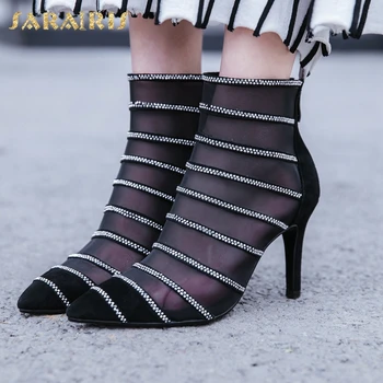 

Sarairis New Fashion 2020 Kid Suede Mesh Thin High Heels Summer Boots Woman Shoes Pointed Toe Zip Up Crystal Ankle Boots Women