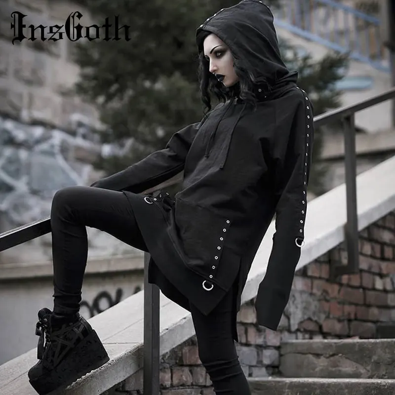  InsGoth Women Hoodies Gothic Punk Streetwear Hooded Sweartshirt Casual Long Pullover Female Black L