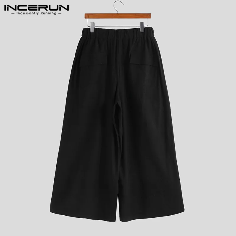 INCERUN Men's Wide Leg Pants New Fashion Summer Solid Color Elastic Waist Loose Strap Cotton Casual Street Men's Trousers