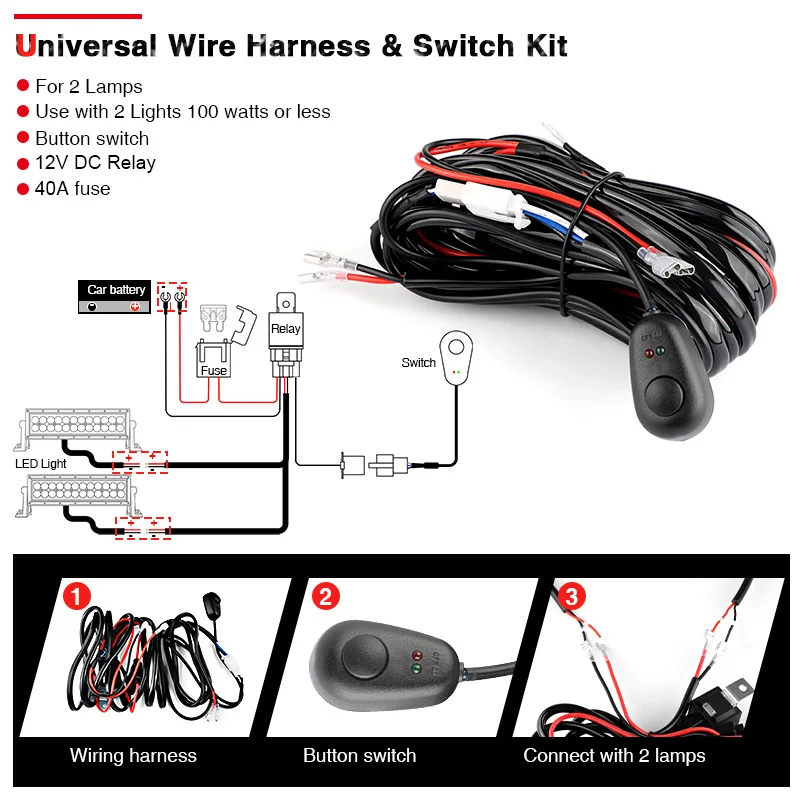 300W Wiring Harness Kit for 50 52 Inch LED Work Light Bar With Fuse Relay 1 Lead